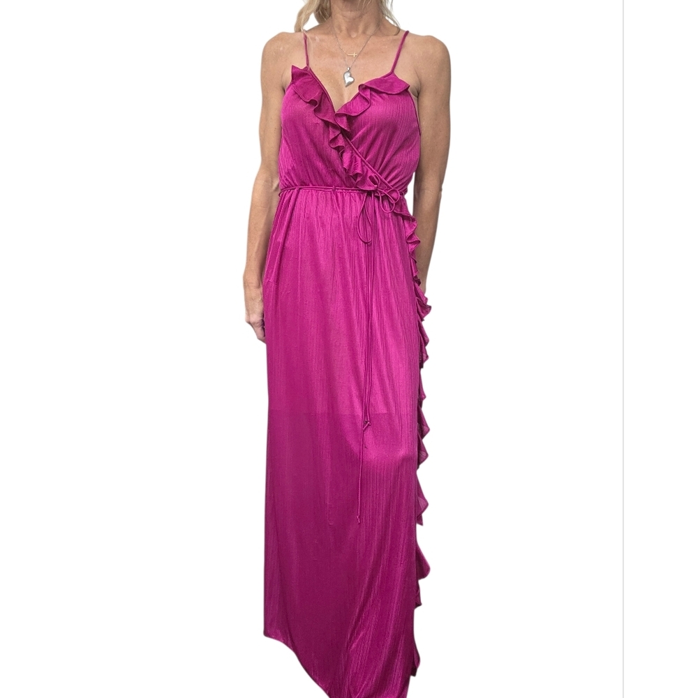 Vintage Union Sheer Satin Wrap Maxi Slip Dress Ruffle Spaghetti 90s
